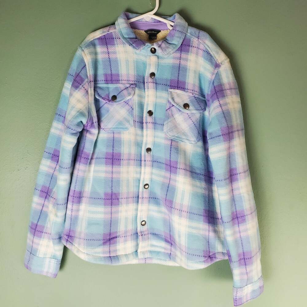 Eddie Bauer Girls Lavender Plaid Fleece Shirt Jacket Shacket Size 14/16